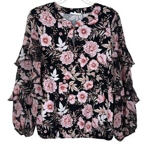Perseption Concept Shirt Womens Large Black Pink Floral Ruffle Sleeve Blouse